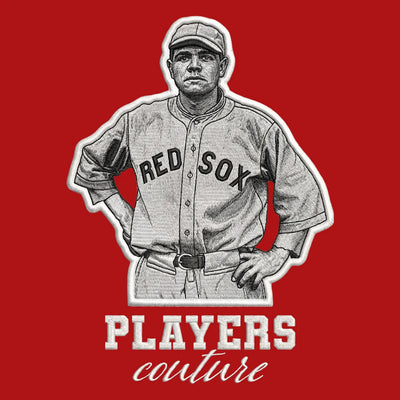 Babe Ruth Red Sox Badge Men's Hoodie – white close-up detail shot of the Babe Ruth Players Couture logo design