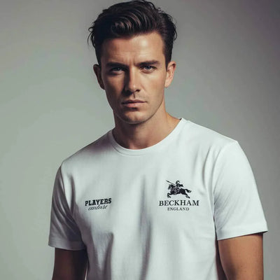 Beckham England Logo Men's T-Shirt – close-up detail shot of the Beckham England Players Couture logo design