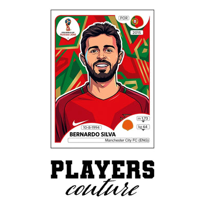 Bernardo Silva World Cup Sticker Men's T-Shirt – white close-up detail shot of the Bernardo Silva Players Couture logo design