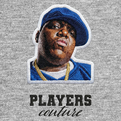 Biggie Smalls Blue Hat Badge Men's Hoodie – black close-up detail shot of the Biggie Smalls Players Couture logo design
