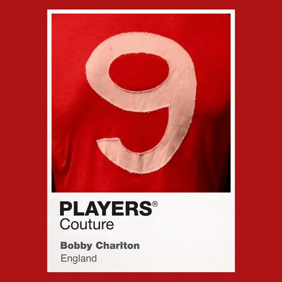 Bobby Charlton 9 Football Shirt Frame Men's Hoodie – red close-up detail shot of the Bobby Charlton Players Couture logo