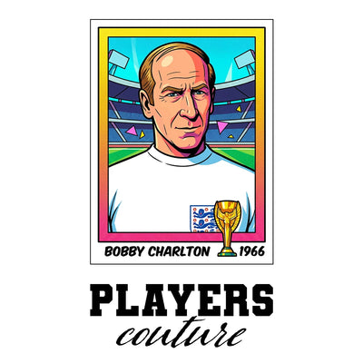 Bobby Charlton World Cup Sticker Men's T-Shirt – white close-up detail shot of the Bobby Charlton Players Couture logo design