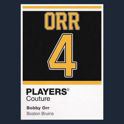 Bobby Orr 4 Jersey Frame Men's T-Shirt – navy close-up detail shot of the Bobby Orr 4 Players Couture logo design