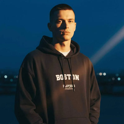 Boston hoodie – navy men's hoodie with white Boston letters and Players Couture logo on the chest