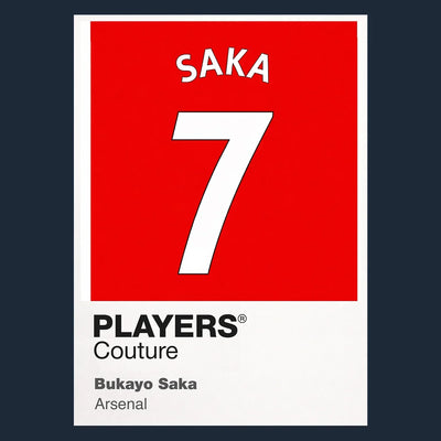 Bukayo Saka 7 Football Shirt Frame Men's Hoodie – navy close-up detail shot of the Buyako Saka Players Couture logo design