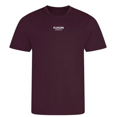 Essentials Collection t-shirt – burgundy men's t-shirt with white Essentials Collection letters and Players Couture logo on