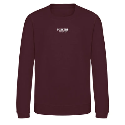 Essentials Collection hoodie – burgundy kids' hoodie with white Essentials Collection letters and Players Couture logo on