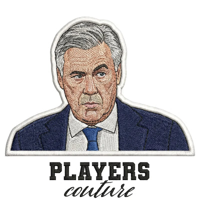 Carlo Ancelotti Badge Men's T-Shirt – white close-up detail shot of the Carlo Ancelotti Players Couture logo design