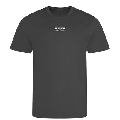 Essentials Collection t-shirt – charcoal men's t-shirt with white Essentials Collection letters and Players Couture logo on