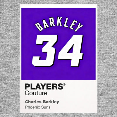 Charles Barkley 34 Jersey Frame Men's T-Shirt – grey close-up detail shot of the Charles Barkley 34 Players Couture logo