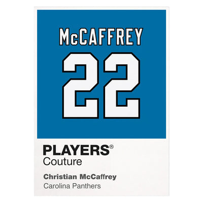 Christian McCaffrey 22 Panthers Jersey Frame Men's T-Shirt – white close-up detail shot of the Christian McCaffrey Players