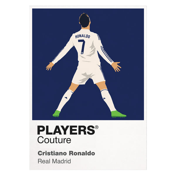 Soccer player in white uniform with 'RONALDO' and number '7' on a blue background, featuring 'PLAYERS Couture' branding.
