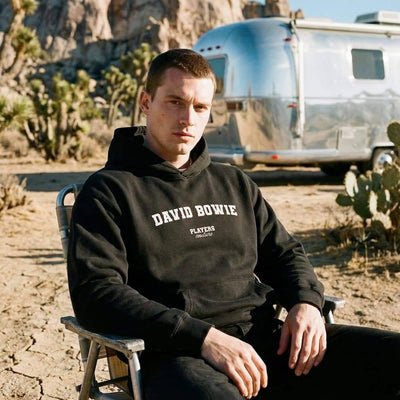 David Bowie hoodie – navy men's hoodie with white David Bowie letters and Players Couture logo on the chest