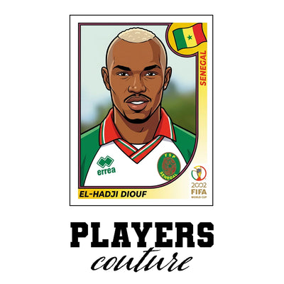 El Hadji Diouf World Cup Sticker Men's T-Shirt – white close-up detail shot of the El Hadji Diouf Players Couture logo design
