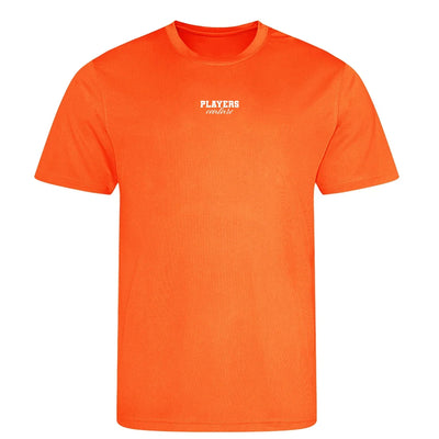 Essentials Collection t-shirt – orange men's t-shirt with black Essentials Collection letters and Players Couture logo on
