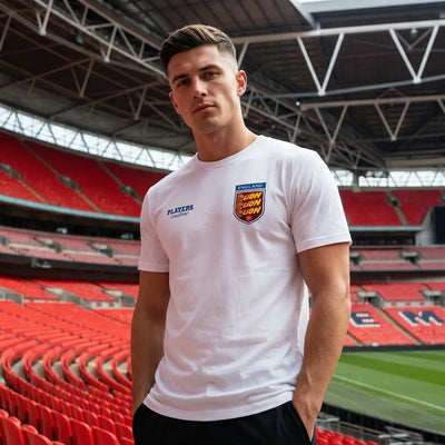 England Three Lions Bars Logo Men's T-Shirt – close-up detail shot of the England Three Lions Bars Players Couture logo