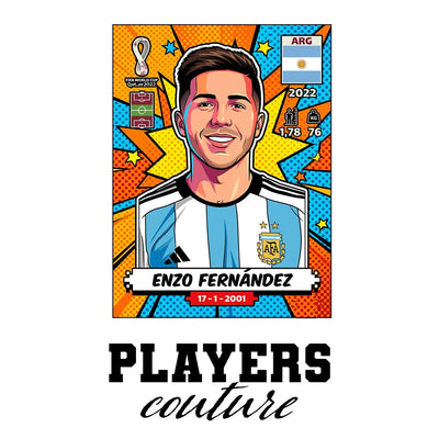 Enzo Fernandez World Cup Sticker Men's T-Shirt – white close-up detail shot of the Enzo Fernandez Players Couture logo design