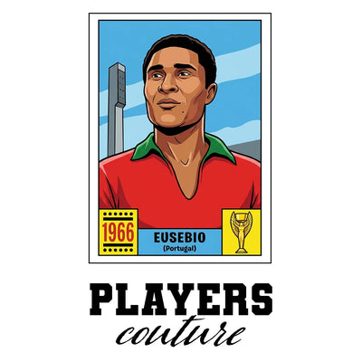 Eusebio World Cup Sticker Men's T-Shirt – white close-up detail shot of the Eusebio Players Couture logo design