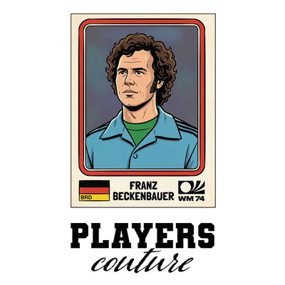Franz Beckenbauer World Cup Sticker Men's T-Shirt – white close-up detail shot of the Franz Beckenbauer Players Couture logo