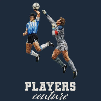 Maradona Hand of God Badge Men's Hoodie – close-up detail shot of the Diego Maradona Players Couture logo design