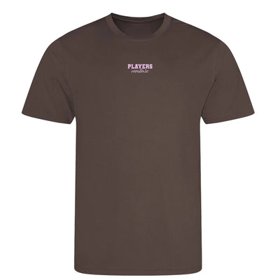 Essentials Collection t-shirt – pink men's t-shirt with black Essentials Collection letters and Players Couture logo on the