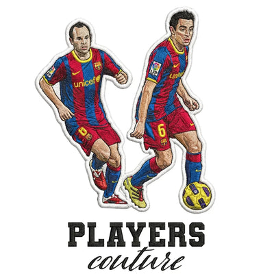 Iniesta & Xavi Badge Men's T-Shirt – white close-up detail shot of the Iniesta Players Couture logo design