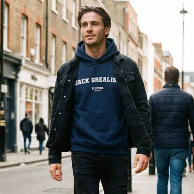 Jack Grealish hoodie – navy men's hoodie with white Jack Grealish letters and Players Couture logo on the chest