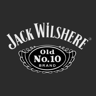 Jack Wilshire Logo Men's T-Shirt – black close-up detail shot of the Jack Wilshire Players Couture logo design