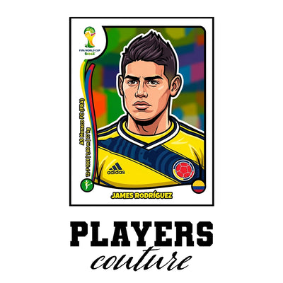James Rodriguez World Cup Sticker Men's T-Shirt – white close-up detail shot of the James Rodriguez Players Couture logo