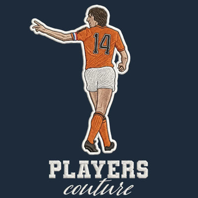 Johan Cruyff Badge Men's Hoodie – navy close-up detail shot of the Johan Cruyff Players Couture logo design