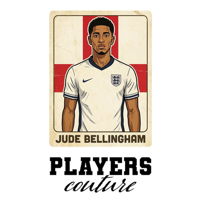 Jude Bellingham 2026 World Cup Sticker Men's T-Shirt – white close-up detail shot of the Jude Bellingham Players Couture