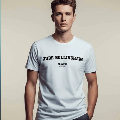 Jude Bellingham t-shirt – white men's t-shirt with black Jude Bellingham letters and Players Couture logo on the chest