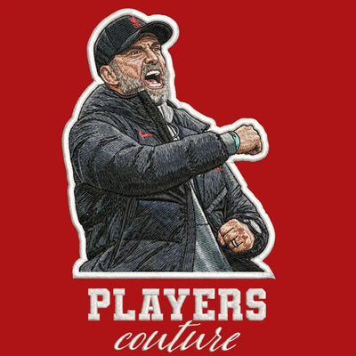 Jurgen Klopp Celebration Badge Men's Hoodie – red close-up detail shot of the Jurgen Klopp Players Couture logo design