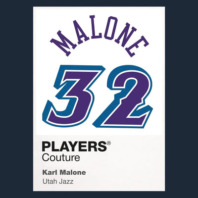 Karl Malone 32 Jersey Frame Men's T-Shirt – navy close-up detail shot of the Karl Malone 32 Players Couture logo design