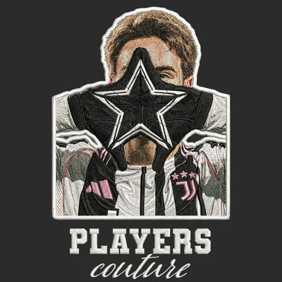 Kenan Yildiz Badge Men's Hoodie – black close-up detail shot of the Kenan Yildiz Players Couture logo design