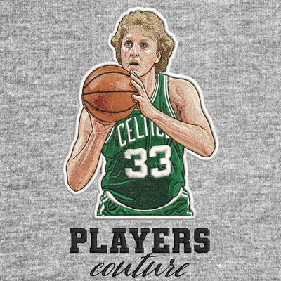 Larry Bird Badge Men's Hoodie – grey close-up detail shot of the Larry Bird Players Couture logo design