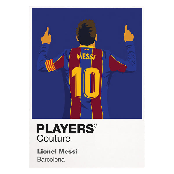 Illustration of a soccer player in a Barcelona jersey with 'Messi' and number '10', branded as 'Players Couture'.