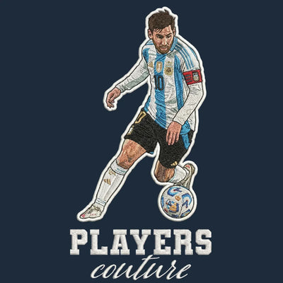 Lionel Messi Dribble Badge Men's Hoodie – navy close-up detail shot of the Lionel Messi Players Couture logo design