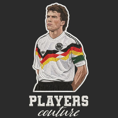 Lothar Matthaus Badge Men's Hoodie – black close-up detail shot of the Lothar Matthaus Players Couture logo design