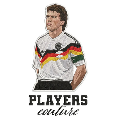 Lothar Matthaus Badge Men's Hoodie – white close-up detail shot of the Lothar Matthaus Players Couture logo design