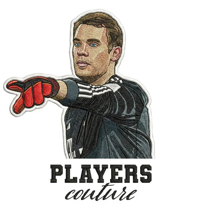 Manuel Neuer Badge Men's Hoodie – white close-up detail shot of the Manuel Neuer Players Couture logo design