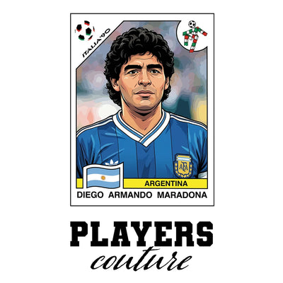 Diego Maradona 1990 Away World Cup Sticker Men's T-Shirt – white close-up detail shot of the Diego Maradona Players Couture