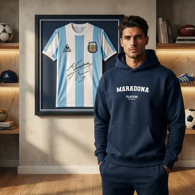 Maradona hoodie – navy men's hoodie with white Maradona letters and Players Couture logo on the chest