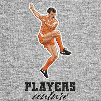 Marco Van Basten Badge Men's Hoodie – grey close-up detail shot of the Marco Van Basten Players Couture logo design