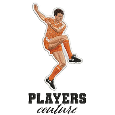 Marco Van Basten Badge Men's Hoodie – white close-up detail shot of the Marco Van Basten Players Couture logo design