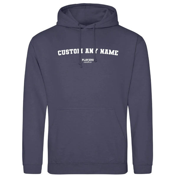 Custom Create Any Name hoodie – navy men's hoodie with white Custom Create Any Name letters and Players Couture logo on the