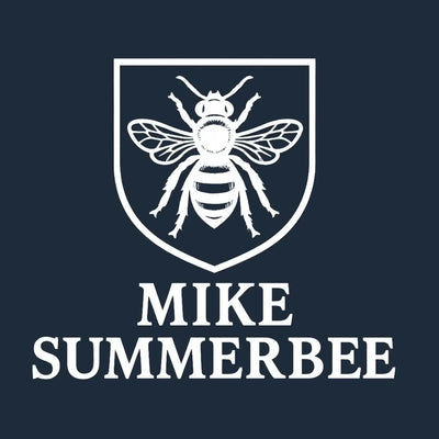 Mike Summerbee Logo Men's T-Shirt – navy close-up detail shot of the Mike Summerbee Players Couture logo design