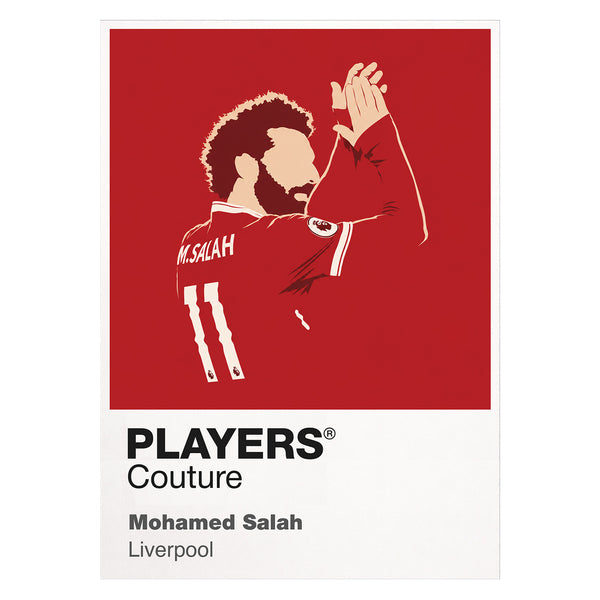 Illustration of a soccer player in a red jersey with 'M. Salah' on a red background, featuring the 'Players Couture' brand.