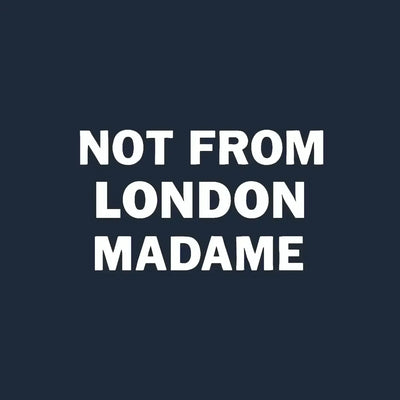 Not From London Madame Logo Kids Hoodie – navy close-up detail shot of the Not From London Madame Players Couture logo design