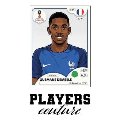 Ousmane Dembele World Cup Sticker Men's T-Shirt – white close-up detail shot of the Ousmane Dembele Players Couture logo